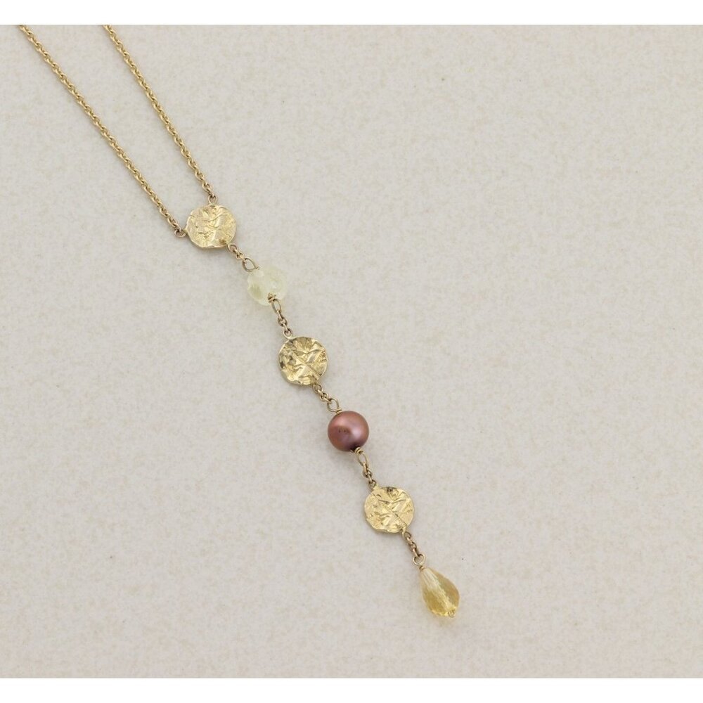 14k Yellow Gold Freshwater Brown Pearl, Quartz, Citrine Necklace Y Drop Lariat - Picture 7 of 8
